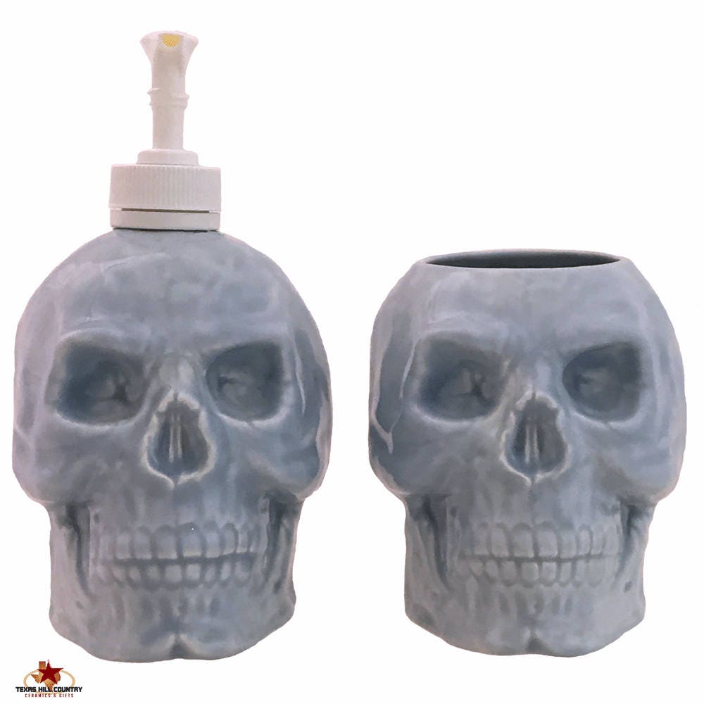 Ceramic Skull Soap Dispenser And Toothbrush Holder Set In Light