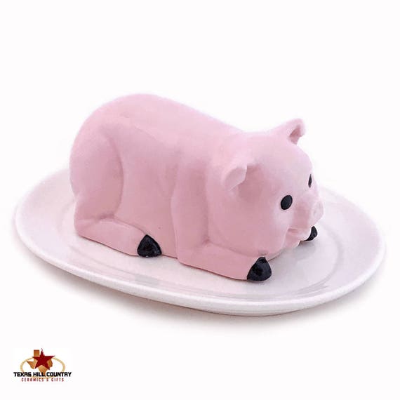 Items similar to Pink Pig Ceramic Butter Dish Lid and Oval Tray In Soft White for Country Farm