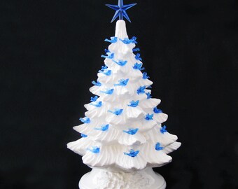 Winter White Ceramic Christmas Tree 11 1/2 Inch Tall Blue Dove Bird Lights and Blue Star - Made to Order