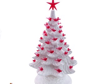Soft Winter White Ceramic Christmas Tree 11 1/2 Inches Tall with Red Dove Bird Lights and Modern Style Red Star - Made to Order