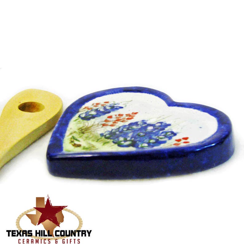 Ceramic Heart Shape Spoon Rest Made to Order Hand Painted Texas Bluebonnet Wildflowers Spring Flower Kitchen Decor,Hill Country Gift