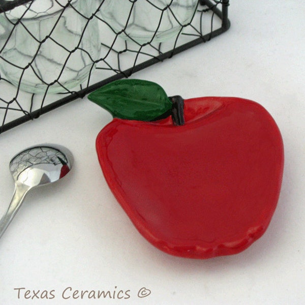 Ruby Red Apple Fruit Ceramic Tea Bag Holder Caddy Small Spoon Rest Kitchen Makeover