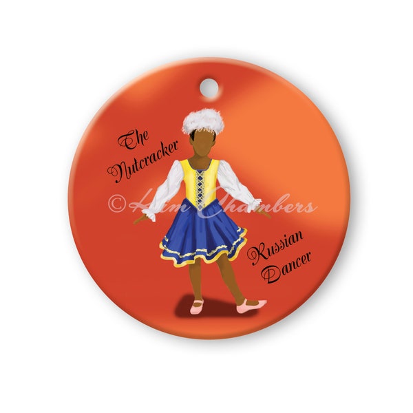 Russian Dancer III in Blue and Yellow Round Porcelain Ceramic Christmas Ornament (Tchaikovsky’s Nutcracker Ballet) A Kim Chambers Original