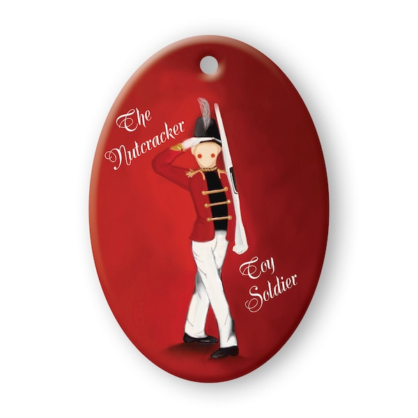 Toy Soldier III Red Jacket Black Blouse White Pants with Rifle Oval Ceramic Christmas Ornament (Nutcracker Ballet) A Kim Chambers Original