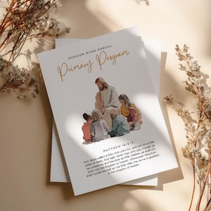 May include: Two white cards with the text "HORIZON WARD ANNUAL Primary Program" in gold script. An illustration depicts Jesus with children. The text "MATTHEW 18:2-4" and a Bible verse are also present.