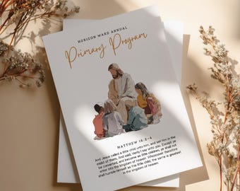 Może przedstawiać: Dwie białe karty z napisem "HORIZON WARD ANNUAL Primary Program" złotym skryptem. Ilustracja przedstawia Jezusa z dziećmi. Obecny jest również tekst "MATEUSZ 18:2-4" i werset biblijny.