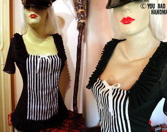 BLACK stripes TOP ~ Queen Mary in Jail ~ Women's Sexy  gothic witch stripes TOP ~ Handmade by You bad Girl witch fashion ~ Ready to mail