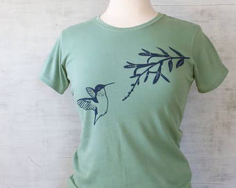 Hummingbird Womens Graphic Tee, Blue Green T Shirt, Organic Cotton T Shirt, Eco Friendly Clothing, Cute Graphic Tee, Organic Tee, Bird Tee