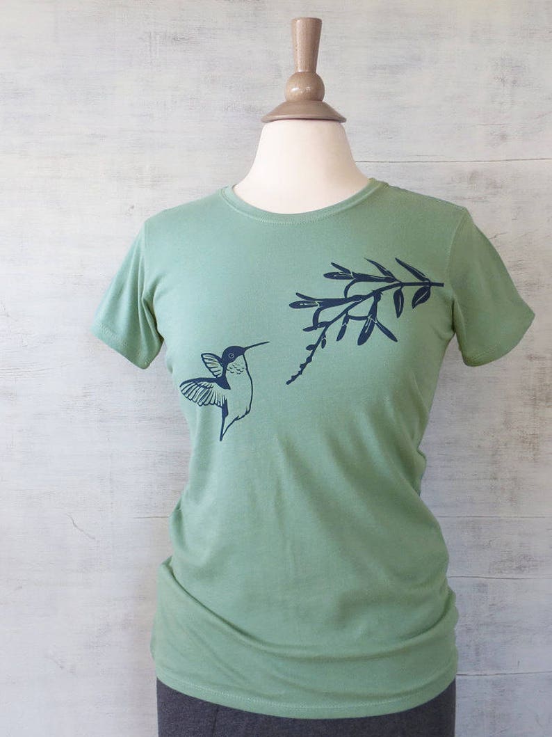 Hummingbird Womens Graphic Tee, Blue Green T Shirt, Organic Cotton T Shirt, Eco Friendly Clothing, Cute Graphic Tee, Organic Tee, Bird Tee image 1