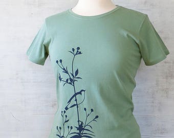 Bird Flower Womens Graphic Tee, Blue Green T Shirt, Organic Cotton T Shirt, Eco Friendly Clothing, Cute Graphic Tee, Organic Tee - 2XL