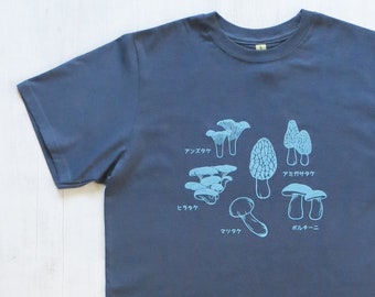 Organic Cotton Mens T-Shirt – Blue Mushroom Print, Japanese Text