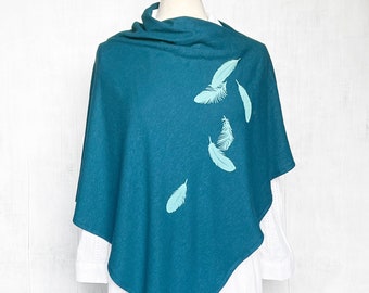 Womens Poncho - Hemp Organic Cotton Jersey Poncho - Womens Shawl - Peacock Blue - Ladies Screen Printed Poncho - Lightweight Feathers Shawl