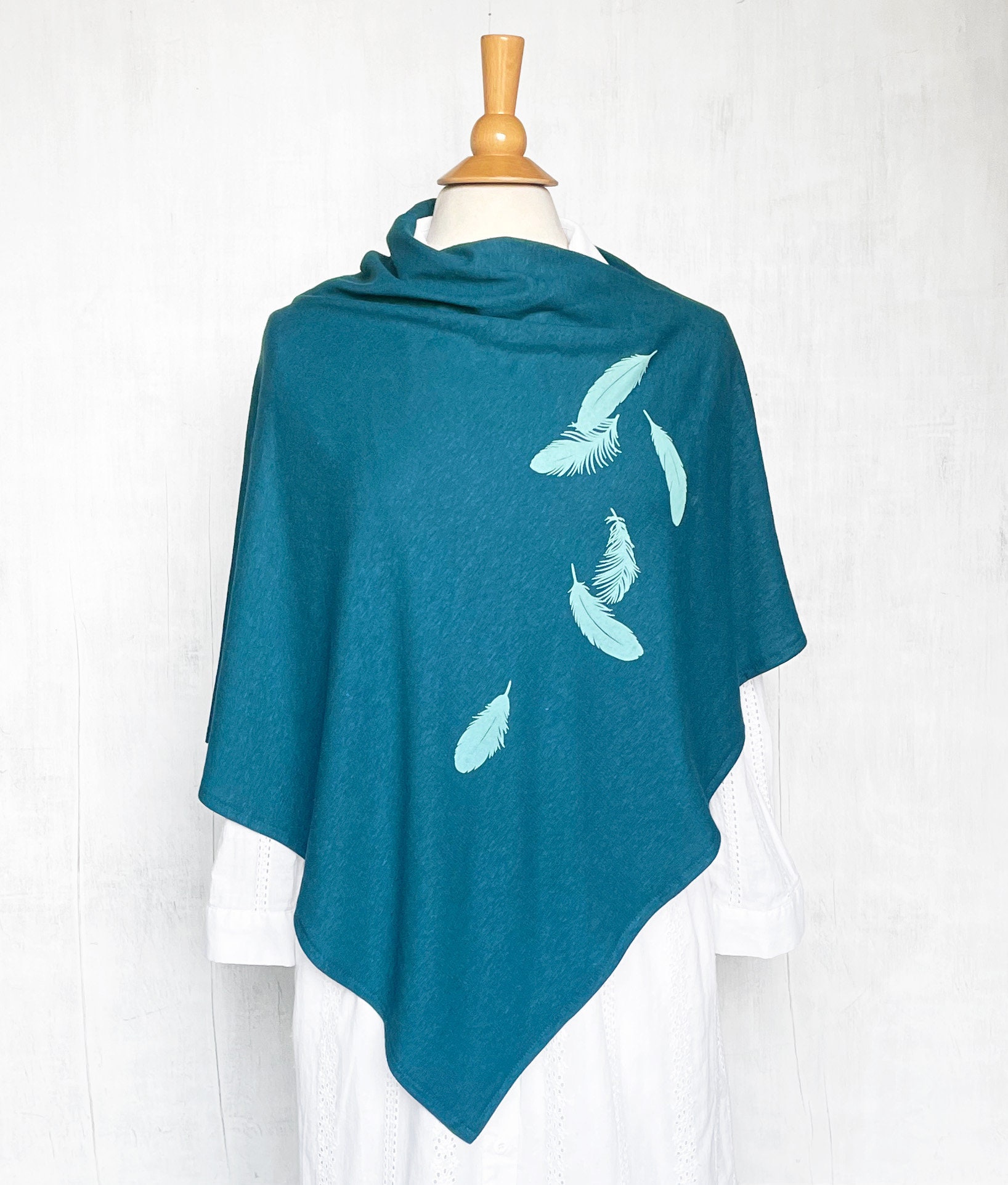 Womens Poncho - Hemp Organic Cotton Jersey Poncho - Womens Shawl - Peacock Blue - Ladies Screen Printed Poncho - Lightweight Feathers Shawl