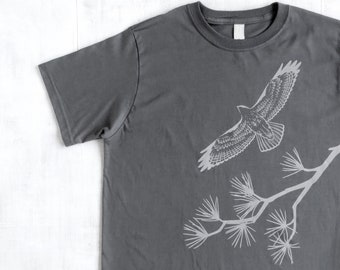 Mens Graphic Tee- Organic Cotton T Shirt- Mens Gray T Shirt- Hawk Screen Printed Shirt with Pine - 100% Organic Cotton Clothing for Men