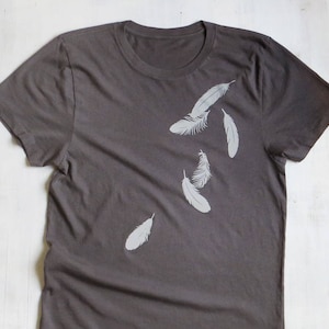 Womens Graphic Tee - Organic Cotton Jersey T Shirt - Womens Tee Shirt - Grey Tee Shirt - Ladies Screen Printed TShirt- Falling Feathers