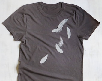 Womens Graphic Tee - Organic Cotton Jersey T Shirt - Womens Tee Shirt - Grey Tee Shirt - Ladies Screen Printed TShirt- Falling Feathers