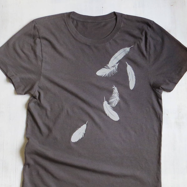 Womens Graphic Tee - Organic Cotton Jersey T Shirt - Womens Tee Shirt - Grey Tee Shirt - Ladies Screen Printed TShirt- Falling Feathers