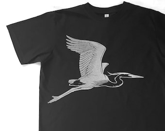 Męska koszulka z nadrukiem - T-shirt z bawełny organicznej - Męska czarna koszulka z nadrukiem sitodrukowym Blue Heron - Odzież męska w 100% z bawełny organicznej