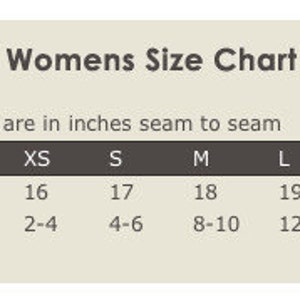 May include: A size chart for women's clothing, showing chest measurements in inches and corresponding sizes. The chart includes sizes XS, S, M, L, XL, and XXL.