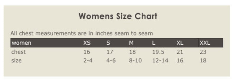 May include: A size chart for women's clothing, showing chest measurements in inches and corresponding sizes. The chart includes sizes XS, S, M, L, XL, and XXL.