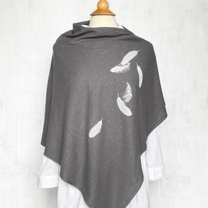 Womens Poncho - Hemp Organic Cotton Jersey Poncho - Womens Shawl - Grey Poncho - Ladies Screen Printed Poncho - Falling Feathers Shawl