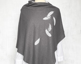 Womens Poncho - Hemp Organic Cotton Jersey Poncho - Womens Shawl - Grey Poncho - Ladies Screen Printed Poncho - Falling Feathers Shawl