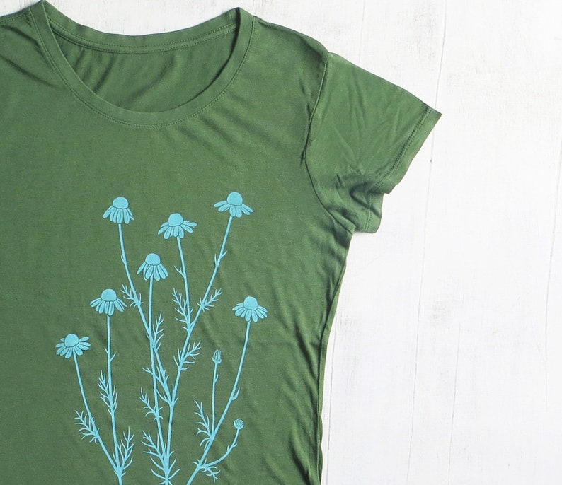 Womens Graphic Short Sleeve TShirt Bamboo Organic Cotton Tee Womens T Shirt-Green Tee Shirt-Screen Printed Chamomile T Shirt Gift for Her image 2