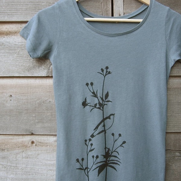 Womens Graphic Tee - Organic Cotton T Shirt - Ocean Blue T Shirt - Bird Shirt - Flower Shirt - Womens Tee Shirt - Organic Cotton Clothing