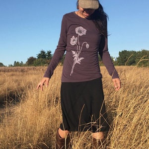 Organic Bamboo T Shirt, Womens Graphic Tee, Poppy Screen Printed Tee, Purple Full Sleeve T Shirt, Bamboo Tee Shirt