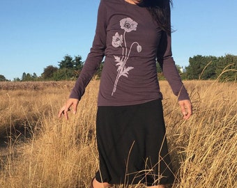 T-shirt van biologisch bamboe, dames T-shirt met print, T-shirt met poppy-zeefdruk, paars T-shirt met volledige mouw, T-shirt bamboe