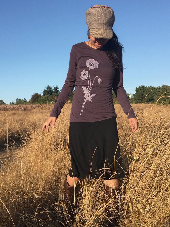 Organic Bamboo T Shirt, Womens Graphic Tee, Poppy Screen Printed Tee,…
