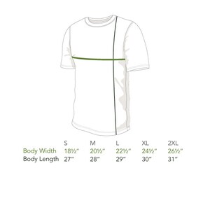 May include: Size chart for a t-shirt with measurements in inches for body width and length. Sizes include S, M, L, XL, and 2XL.