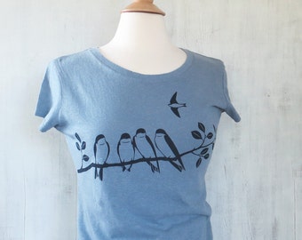 Womens Hemp Organic Cotton T-shirt with Swallows - Light Blue