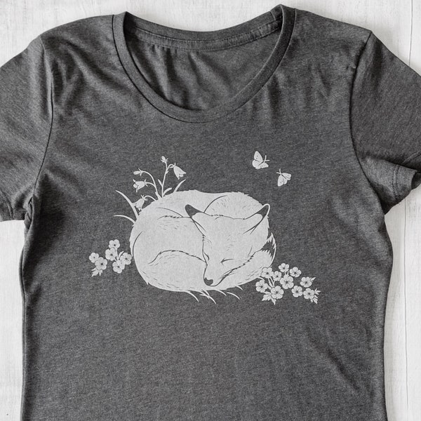 T-shirt Heather Grey, Tee-shirt graphique pour femmes, Chemise Fox, T-shirt graphique femme, T-shirt sérigraphié Fox, Tee-shirt graphique doux et mignon