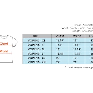 May include: Size chart for a t-shirt with measurements in inches for chest, waist, and length. Sizes include XS, S, M, L, XL, and 2XL.