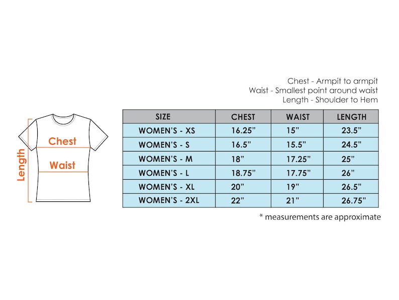 May include: Size chart for a t-shirt with measurements in inches for chest, waist, and length. Sizes include XS, S, M, L, XL, and 2XL.