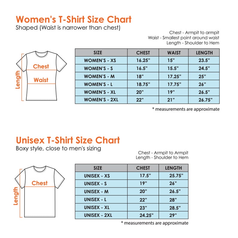 May include: A size chart for women's and unisex t-shirts. The chart shows the chest, waist, and length measurements for each size. The chart is divided into two sections: women's and unisex. The women's section shows sizes XS to 2XL, while the unisex section shows sizes XS to 2XL. The measurements are in inches.