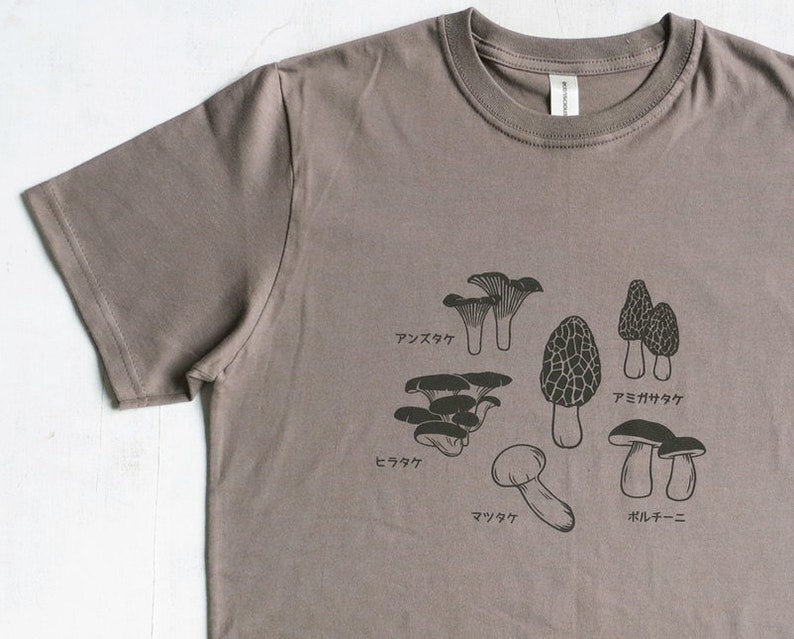 May include: A brown t-shirt with a black mushroom graphic and Japanese text. The text reads "アンズタケ", "ヒラタケ", "マツタケ", "アミガサタケ", "ポルチーニ".