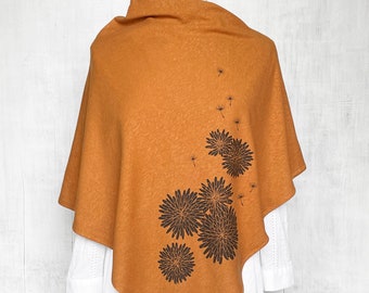 Women's Poncho, Hemp / Organic Cotton Shawl, Gift for Her, Dandelion Flowers, Dark Apricot Orange Lightweight Poncho