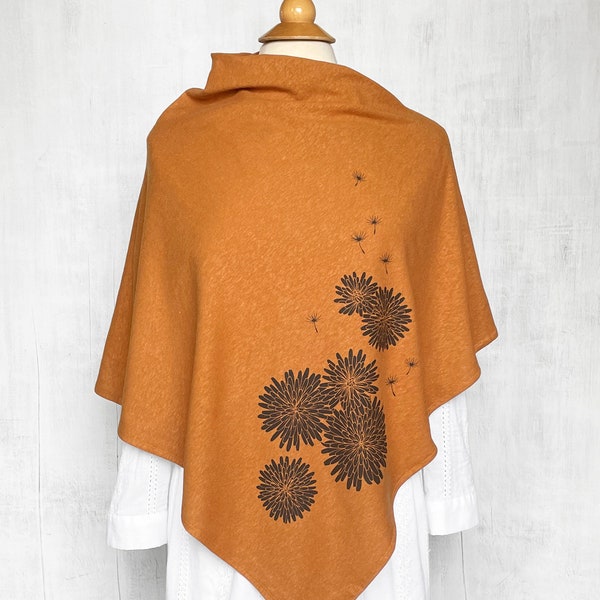 Women's Poncho, Hemp / Organic Cotton Shawl, Gift for Her, Dandelion Flowers, Dark Apricot Orange Lightweight Poncho