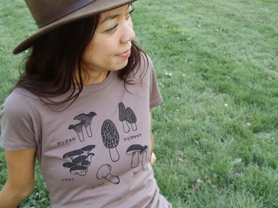 Womens Organic Cotton T Shirt - Womens Graphic Tee - Light Brown Crew Neck Tee Shirt - Japanese Mushroom Screen Printed Shirt