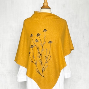 Poncho for Women, Chamomile Printed Poncho, Organic Cotton Clothing, Hemp Clothing, Golden Yellow Shawl, Hemp Poncho, Lightweight Shawl L/XL