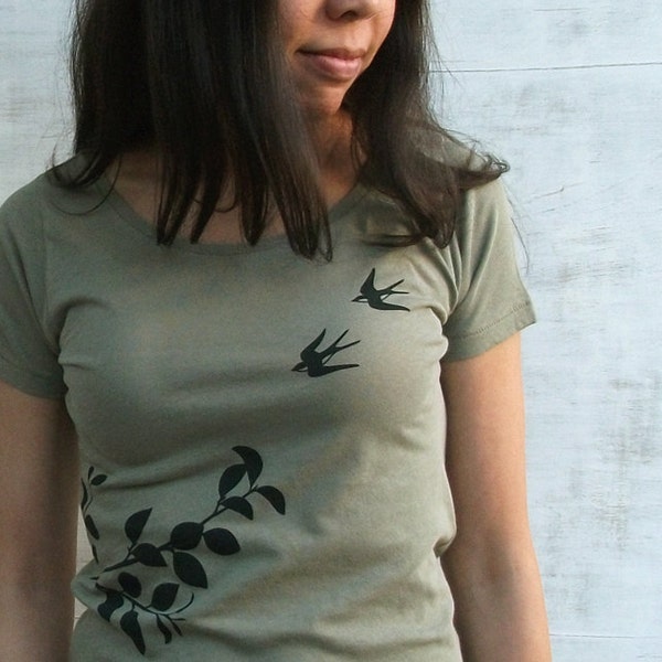 SALE Womens Graphic Tee - Organic Cotton T Shirt - Moss Green T Shirt - Swallows T Shirt Art- Womens Tee Shirt- Organic Cotton Clothing