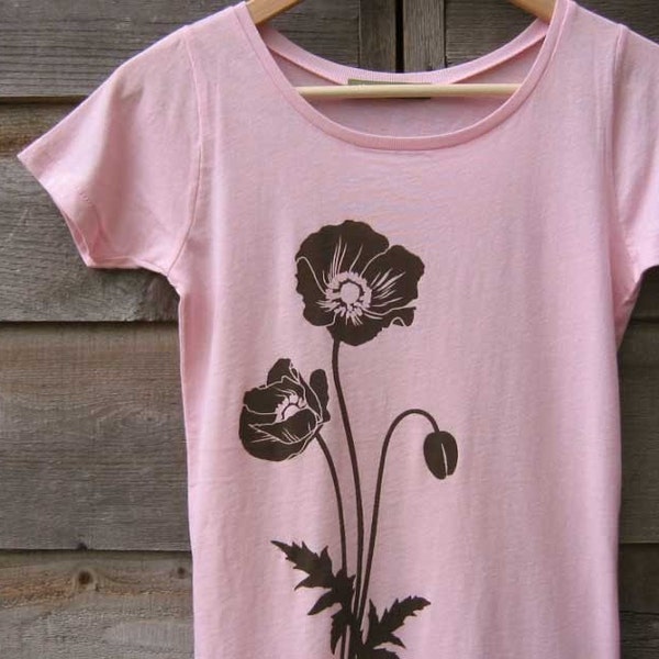 Womens Organic Cotton T-shirt with Poppies (Pink)