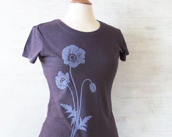 T-shirt en coton biologique chanvre femme avec coquelicot - Violet clair - Cadeau pour elle