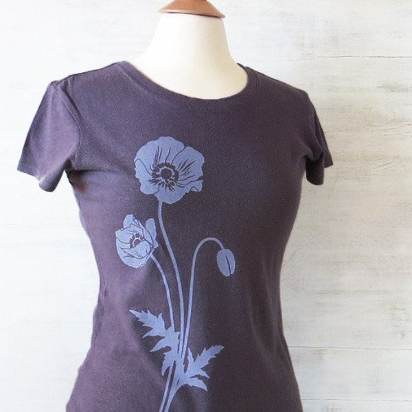 T-shirt en coton biologique chanvre femme avec coquelicot - Violet clair - Cadeau pour elle