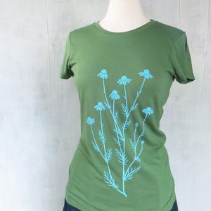 Womens Graphic Short Sleeve TShirt Bamboo Organic Cotton Tee Womens T Shirt-Green Tee Shirt-Screen Printed Chamomile T Shirt Gift for Her image 3