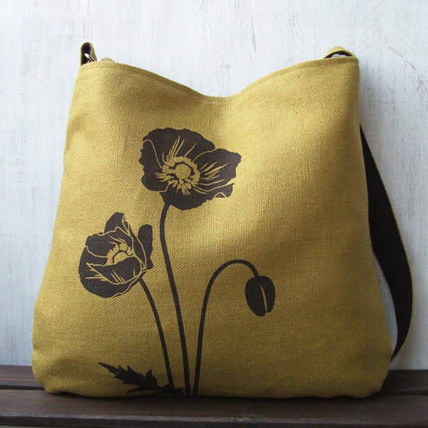 Hemp Messenger Bag with Poppies Organic Cotton Lining - Deep Golden Mustard