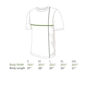 May include: Size chart for a t-shirt with measurements in inches for body width and length. Sizes include S, M, L, XL, and 2XL.