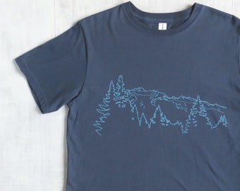 Blue Gray Organic Cotton Mountain Shirt, Hiking Graphic Tee